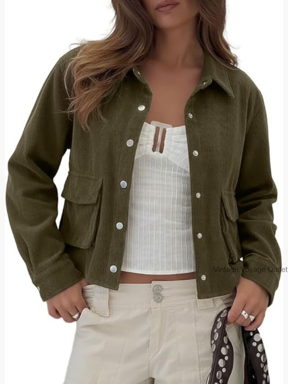 Corduroy Cropped Shacket Jacket Button Down Long Sleeve Spring Outwear